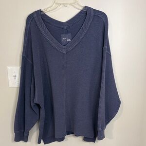 Aerie size XL V-Neck Deep Blue Waffle Knit Sweatshirt